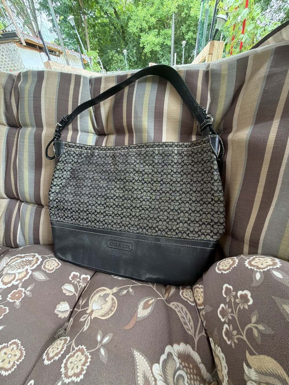Coach F11666 Signature Monogram Hobo Shoulder Bag Black Canvas Leather